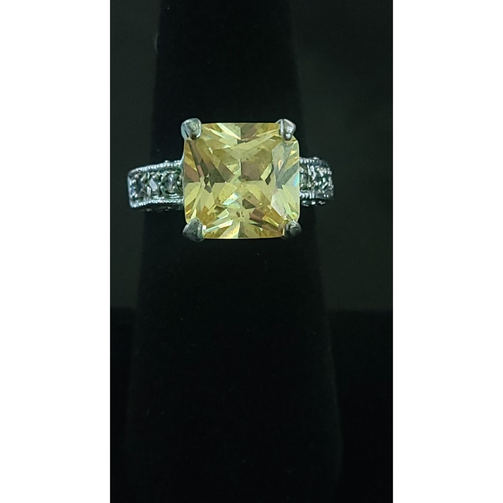 Large Yellow Square Stone Statement Ring Size 7.5 Silver Tone Clear Accents